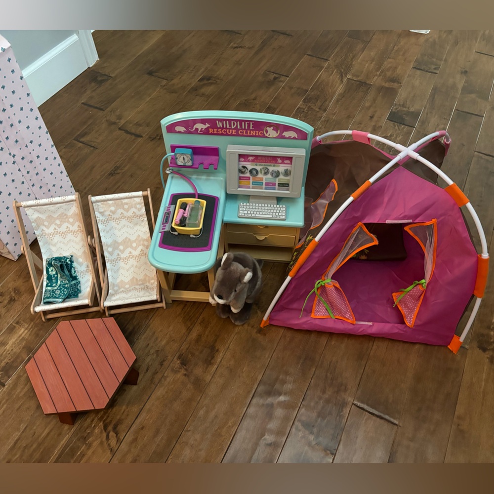 American girl doll pet hospital, tent setup and lounge chairs with table